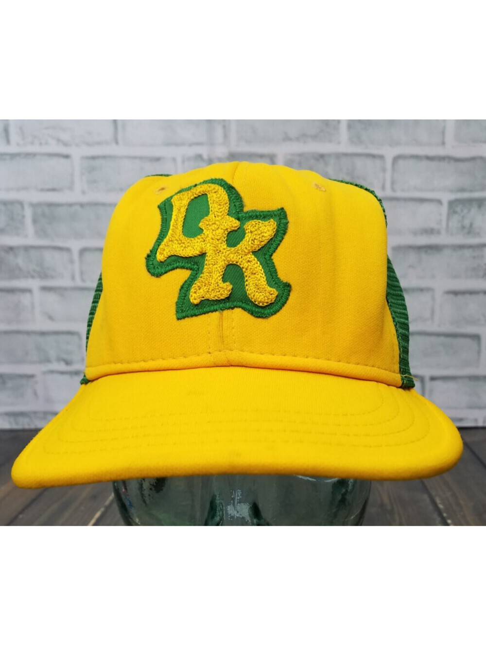 Vintage AJD " DK " PATCH Yellow / Green Trucker Hat Baseball Cap Snapback